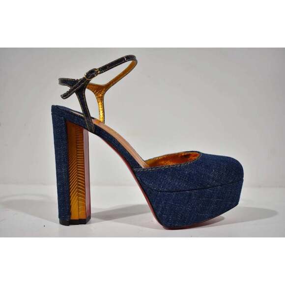 Christian Louboutin Coluna Pump 130 Denim Blue Ankle Strap Platform Heel 37.5 - Picture 2 of 12